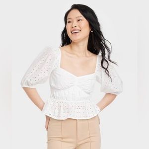 Women's White Semi-Crop Puff Elbow Sleeve Eyelet Shirt - A New Day™ S